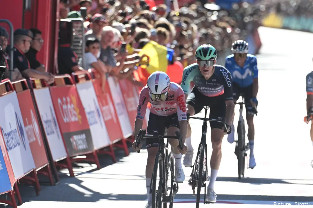 Jarno Widar crosses the line on stage 4 of the 2026 Vuelta a Espana