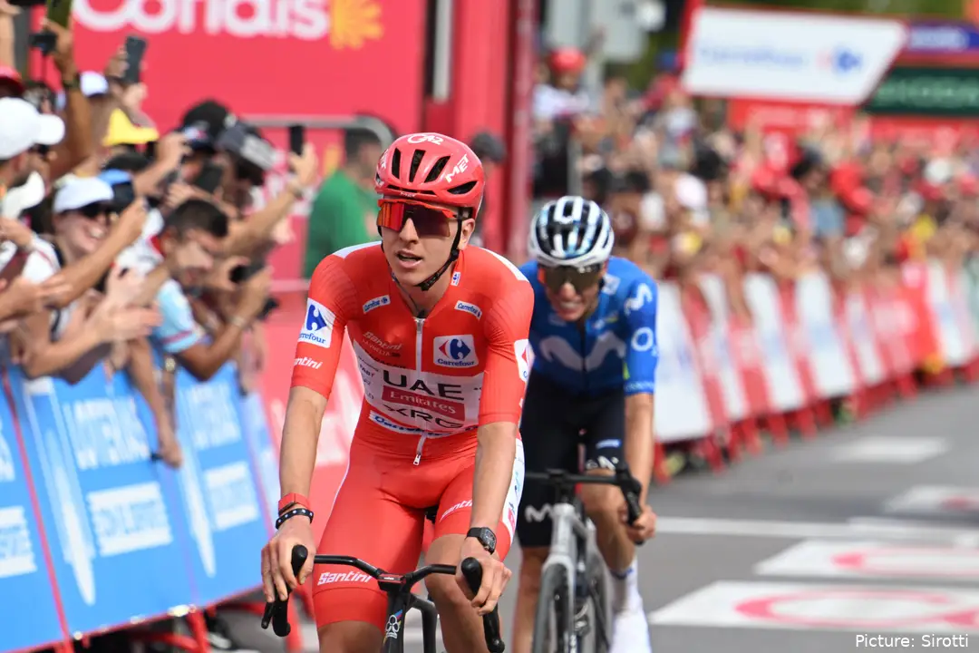 Tadej Pogacar and Enric Mas cross the line on Stage 6 of the 2026 Vuelta a Espana