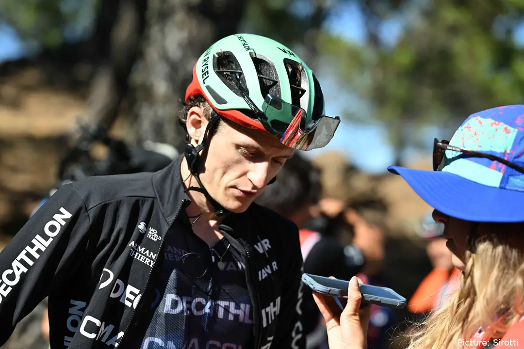 Felix Gall speaks to the media on Stage 19 of the 2026 Vuelta a Espana