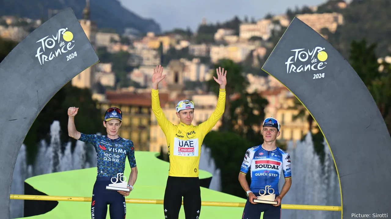 Jonas Vingegaard, Tadej Pogacar y Remco Evenepoel, el podio del Tour de Francia 2024 en Niza