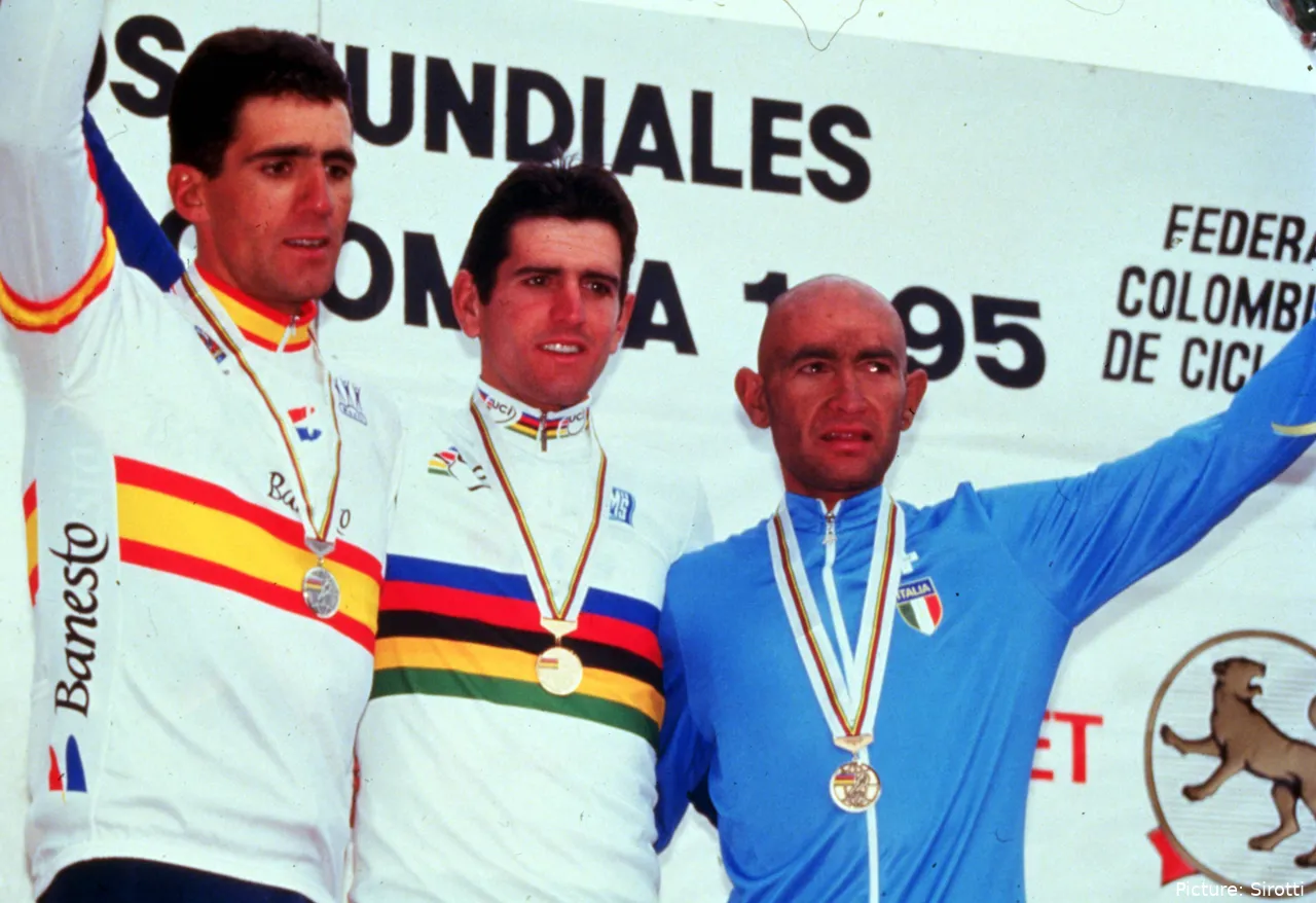 Induráin, Olano y Pantani, podium de la ruta del Mundial de Colombia 1995.