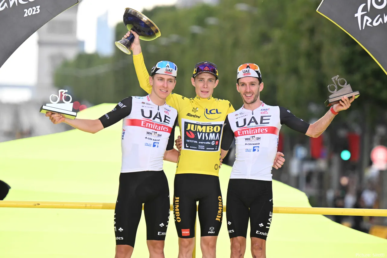 Adam Yates joined Jonas Vingegaard and teammate Tadej Pogacar at the podium of the 2023 Tour de France. @Sirotti