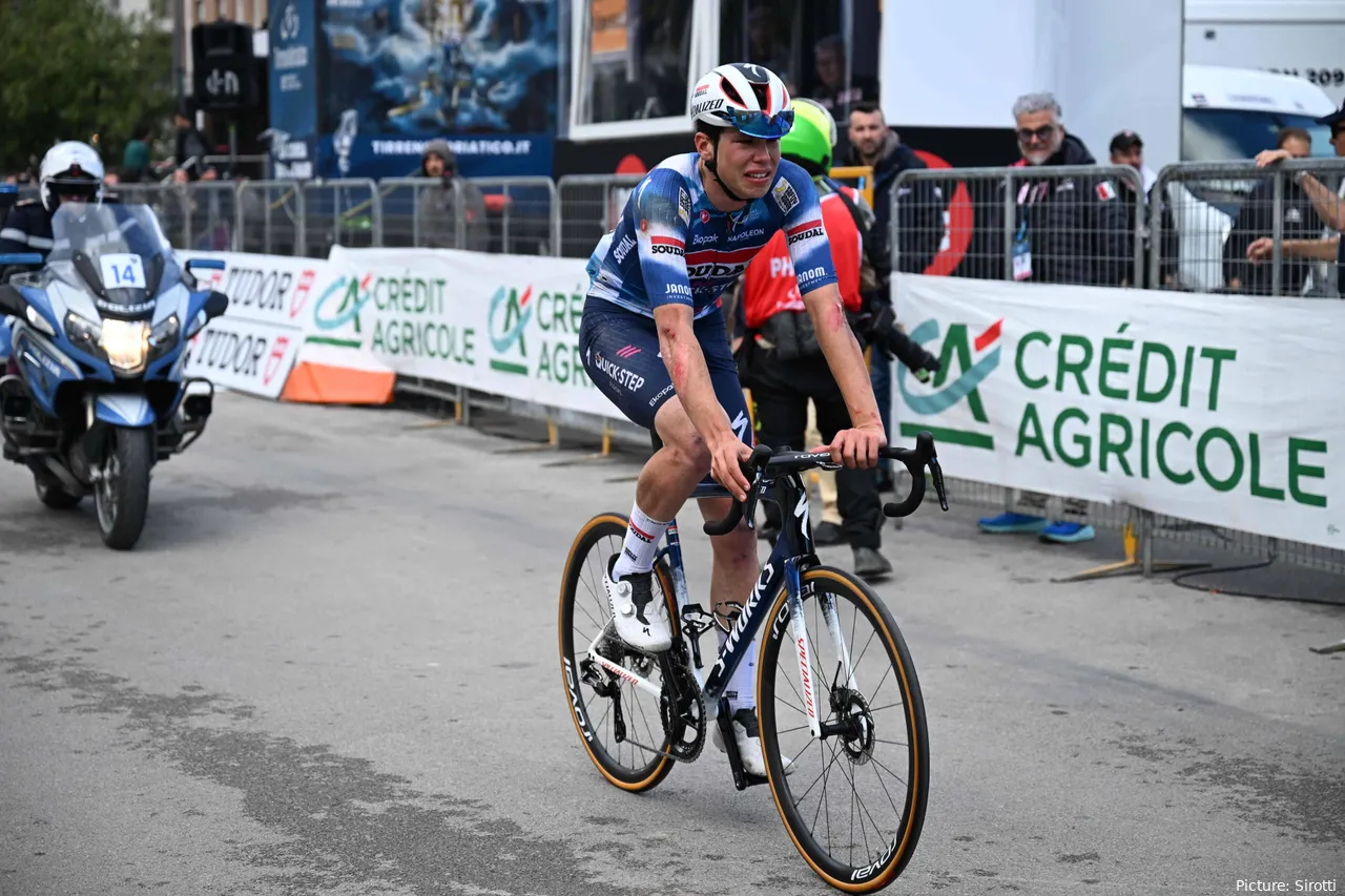 Magnier crossed the line looking slightly worse for wear after his Tirreno crash