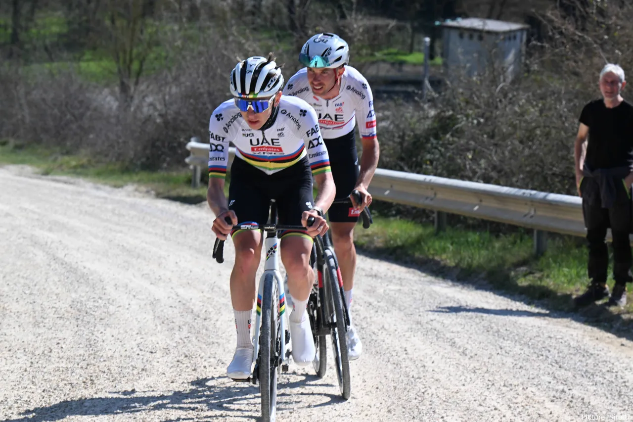 Pogacar and teammate Domen Novak reconning the gravel ahead of Strade Bianche 2025