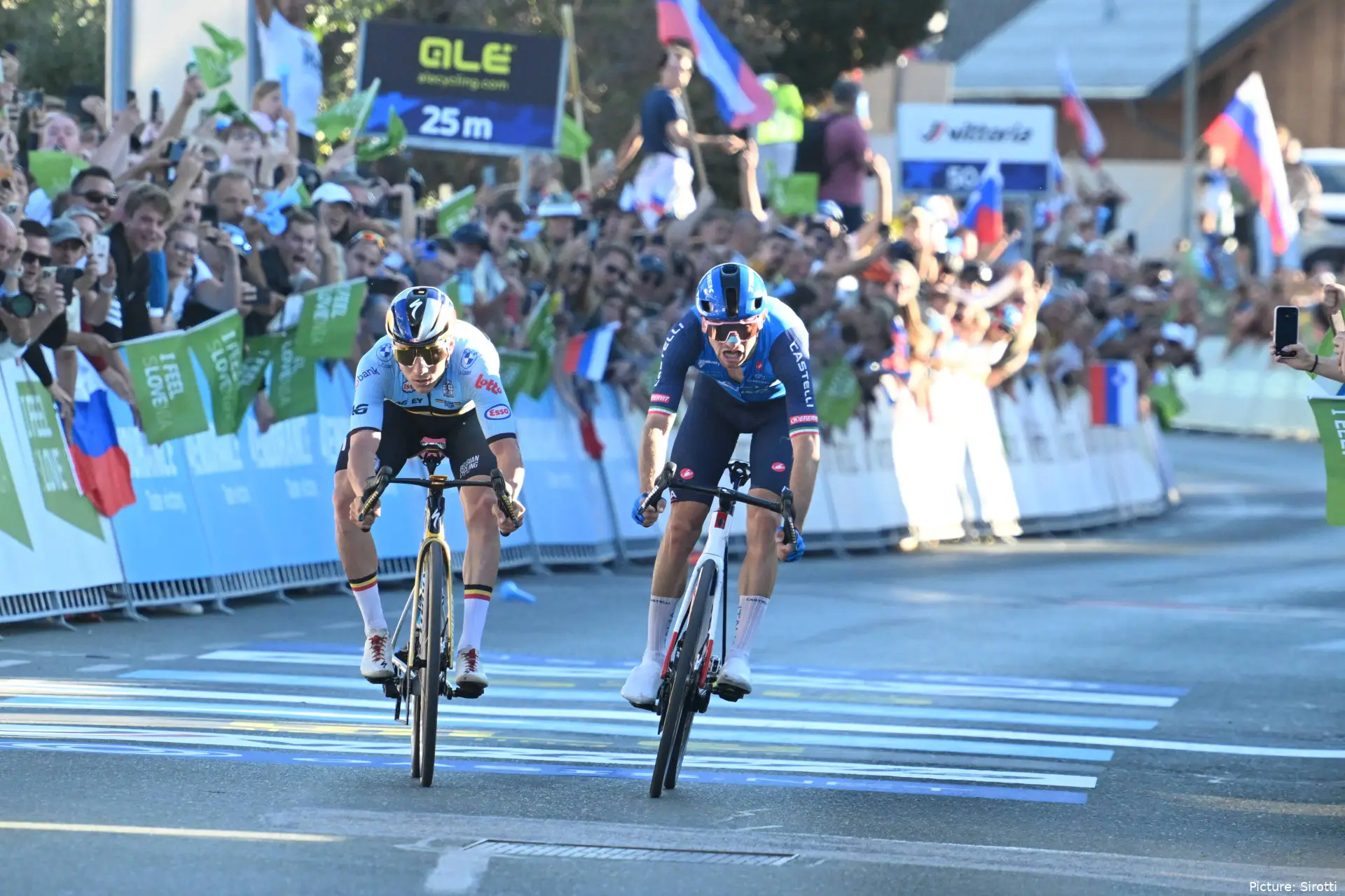 Remco Evenepoel and Giulio Ciccone throw for the line at the 2026 European Championships
