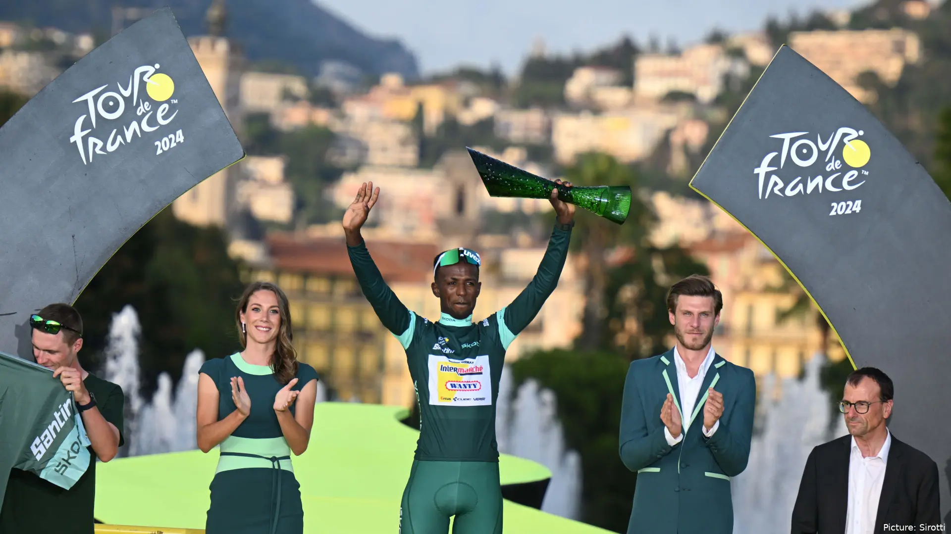 Biniam Girmay celebrating his Green Jersey win at the Tour de France in 2024