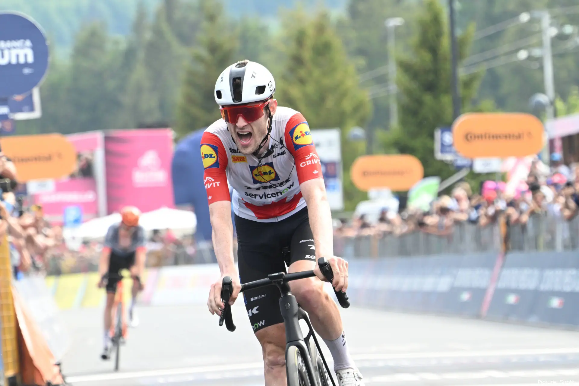Derek Gee crosses the line on stage 20 of the 2026 Giro d'Italia