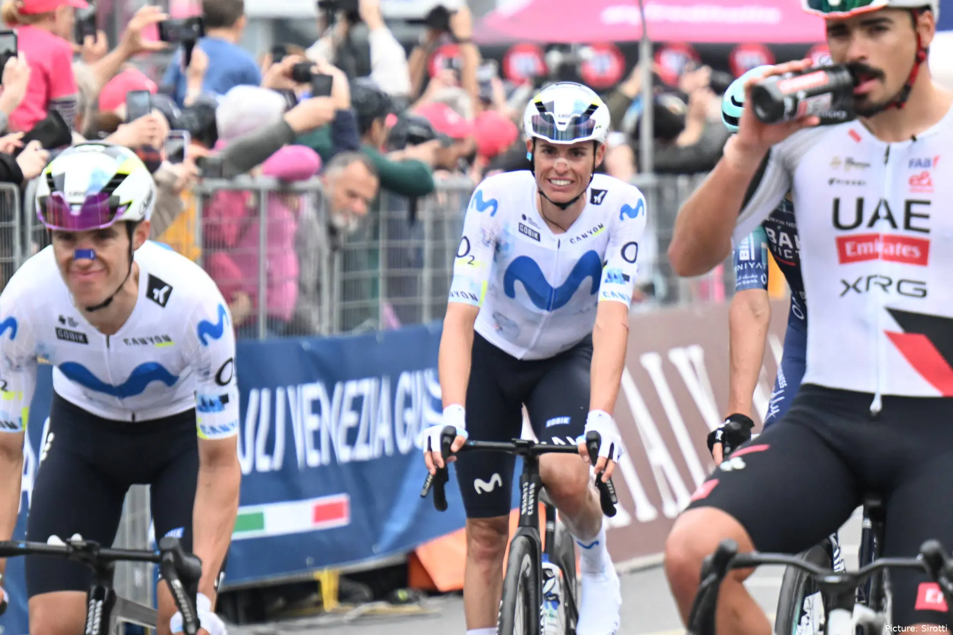 Enric Mas crosses the line at the 2026 Giro d'Italia