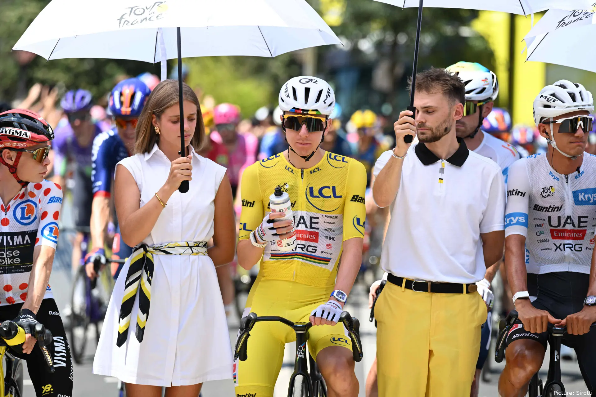 Tadej Pogacar taking shaded shelter during the heatwave of the 2026 Tour de France
