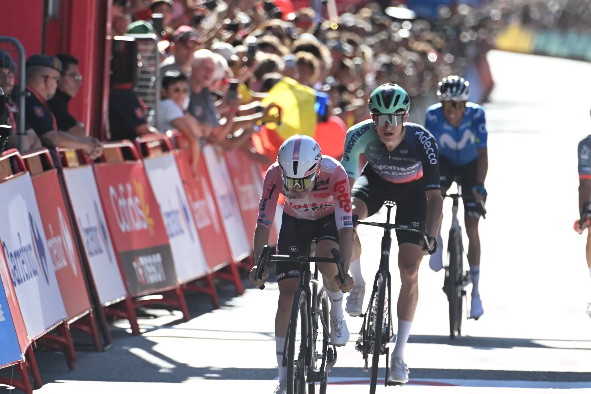 Jarno Widar crosses the line on stage 4 of the 2026 Vuelta a Espana