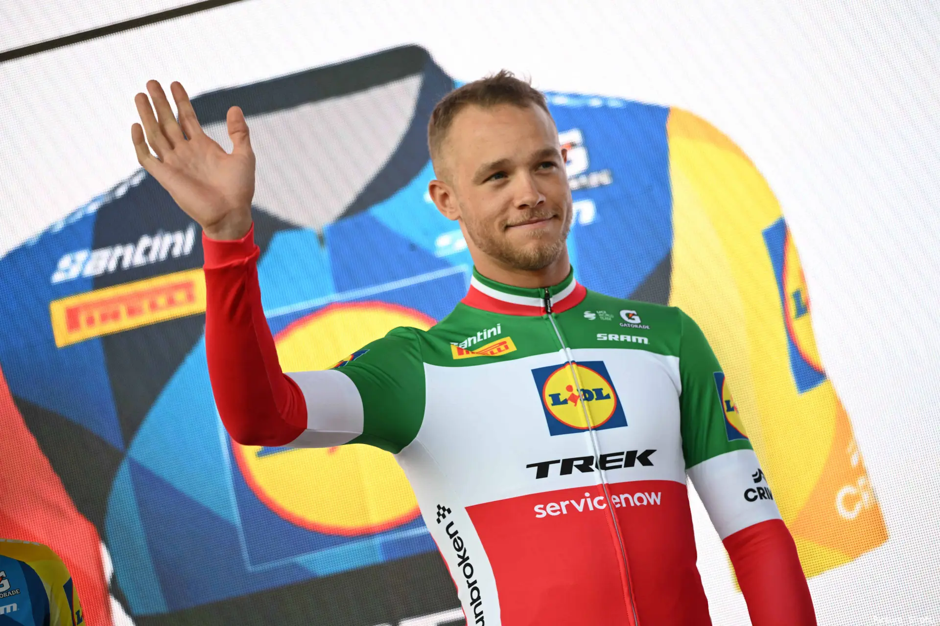 Jonathan Milan at the 2026 Tour de Pologne team presentation