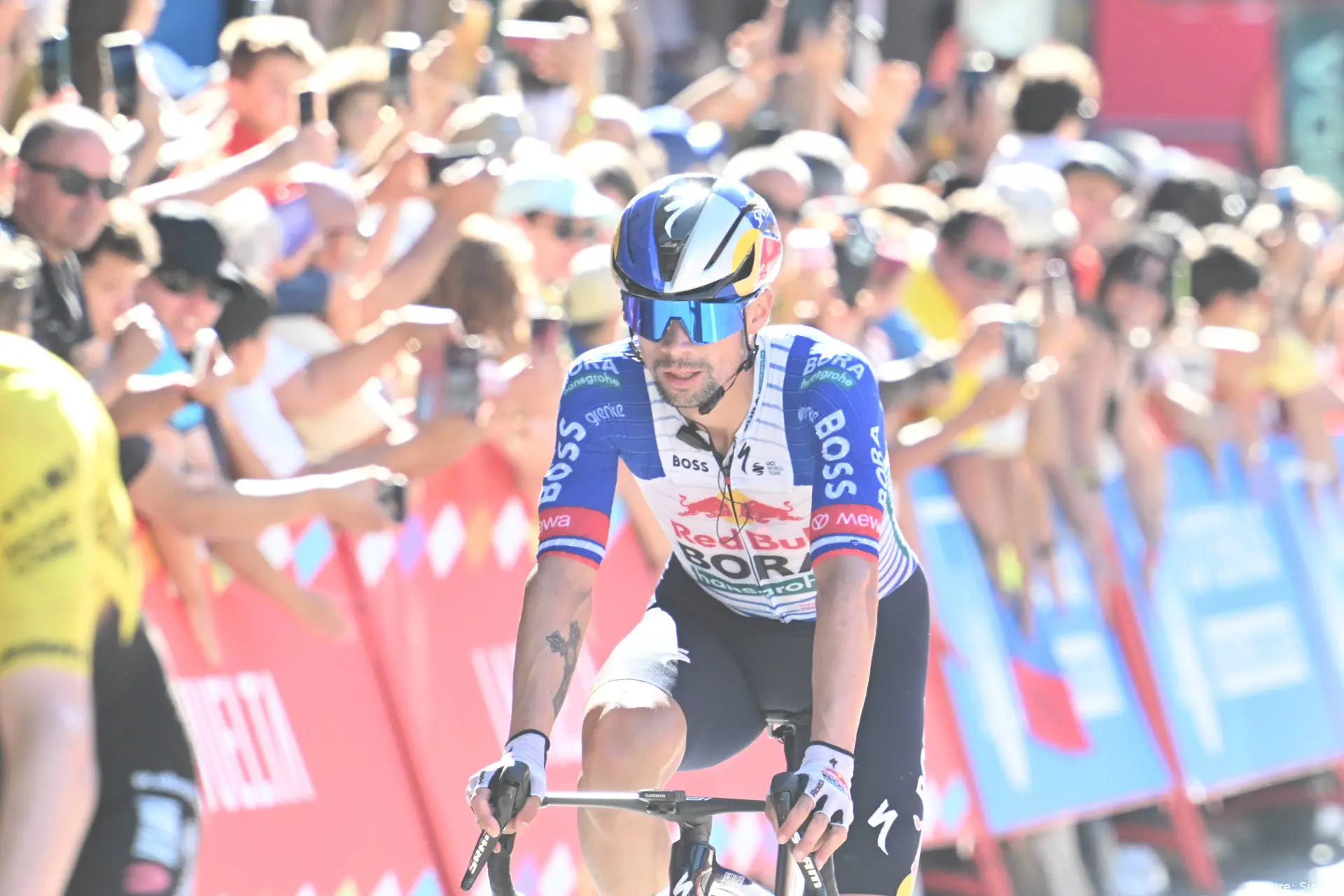 Primoz Roglic crosses the line on stage 4 of the 2026 Vuelta a Espana