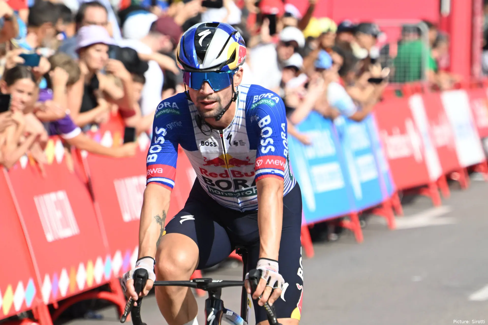 Primoz Roglic crosses the line on Stage 6 of the 2026 Vuelta a Espana
