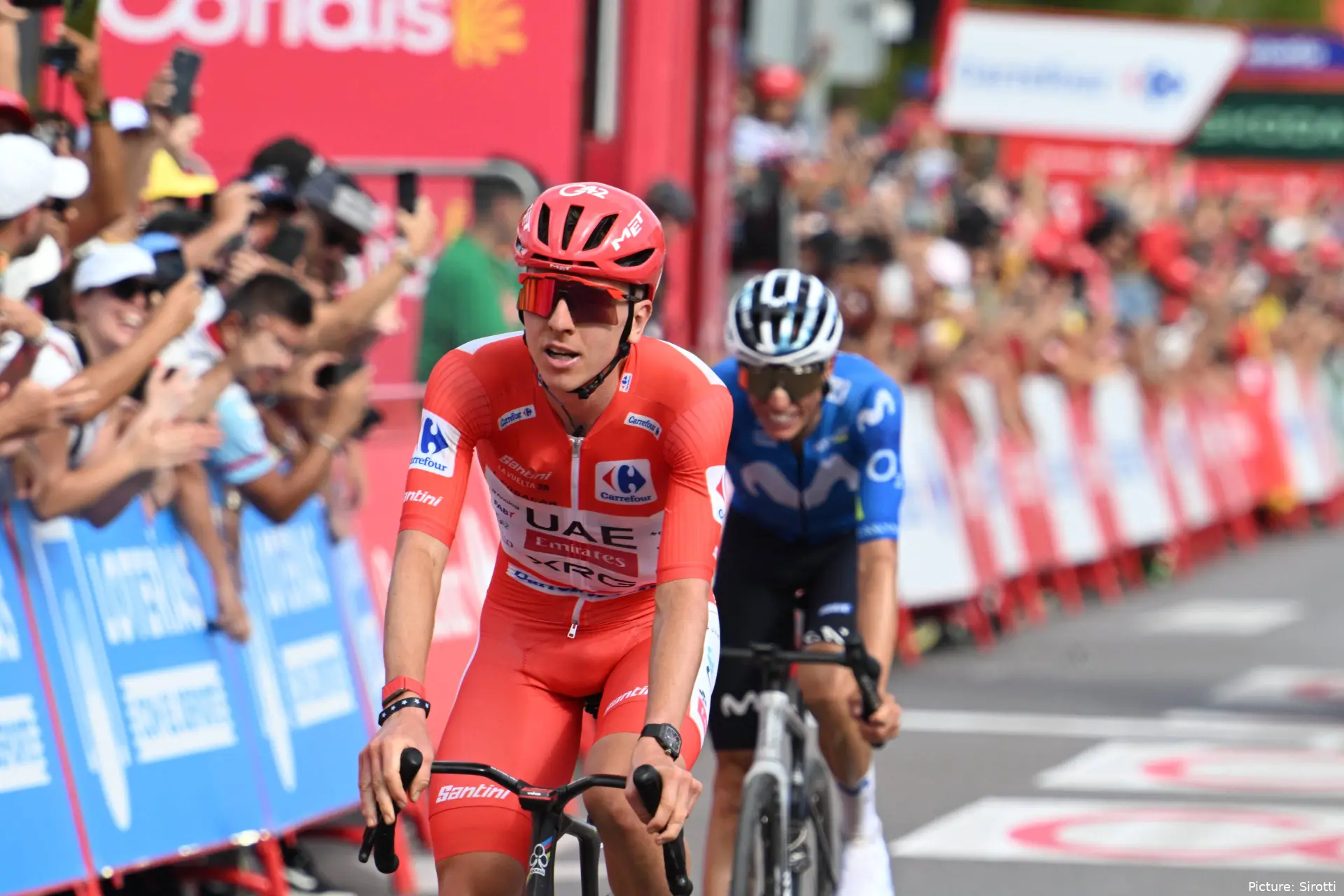 Tadej Pogacar and Enric Mas cross the line on Stage 6 of the 2026 Vuelta a Espana