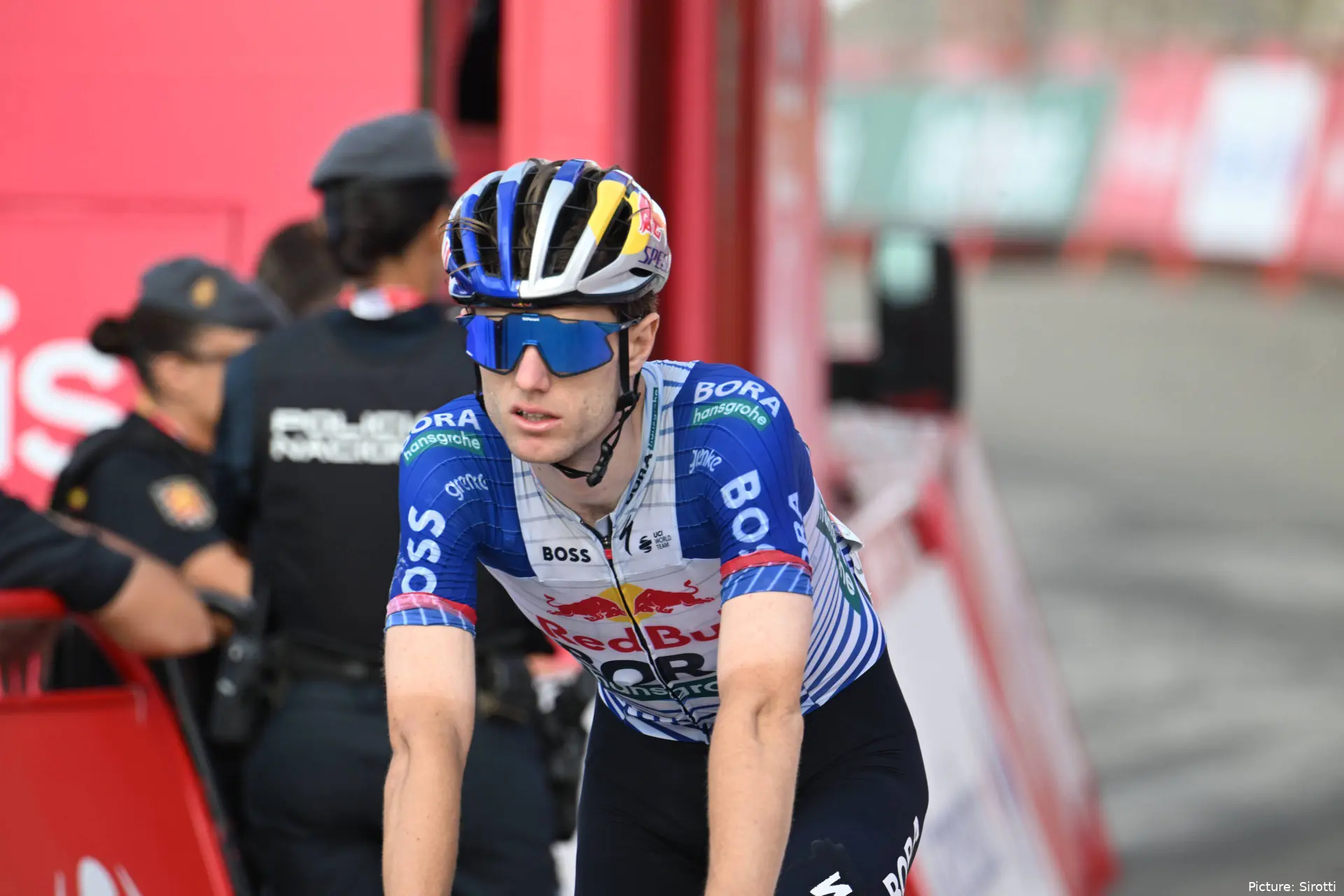 Finn Fisher-Black crosses the line on Stage 14 of the 2026 Vuelta a Espana