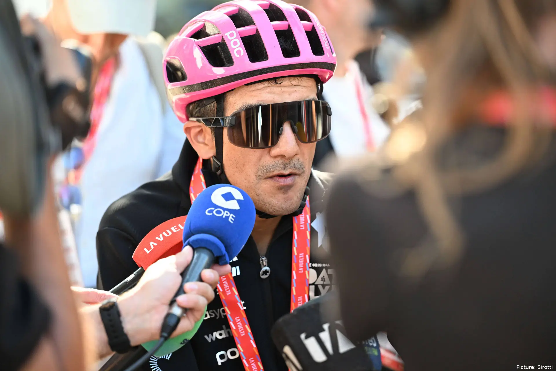Richard Carapaz speaks to the media on Stage 19 of the 2026 Vuelta a Espana