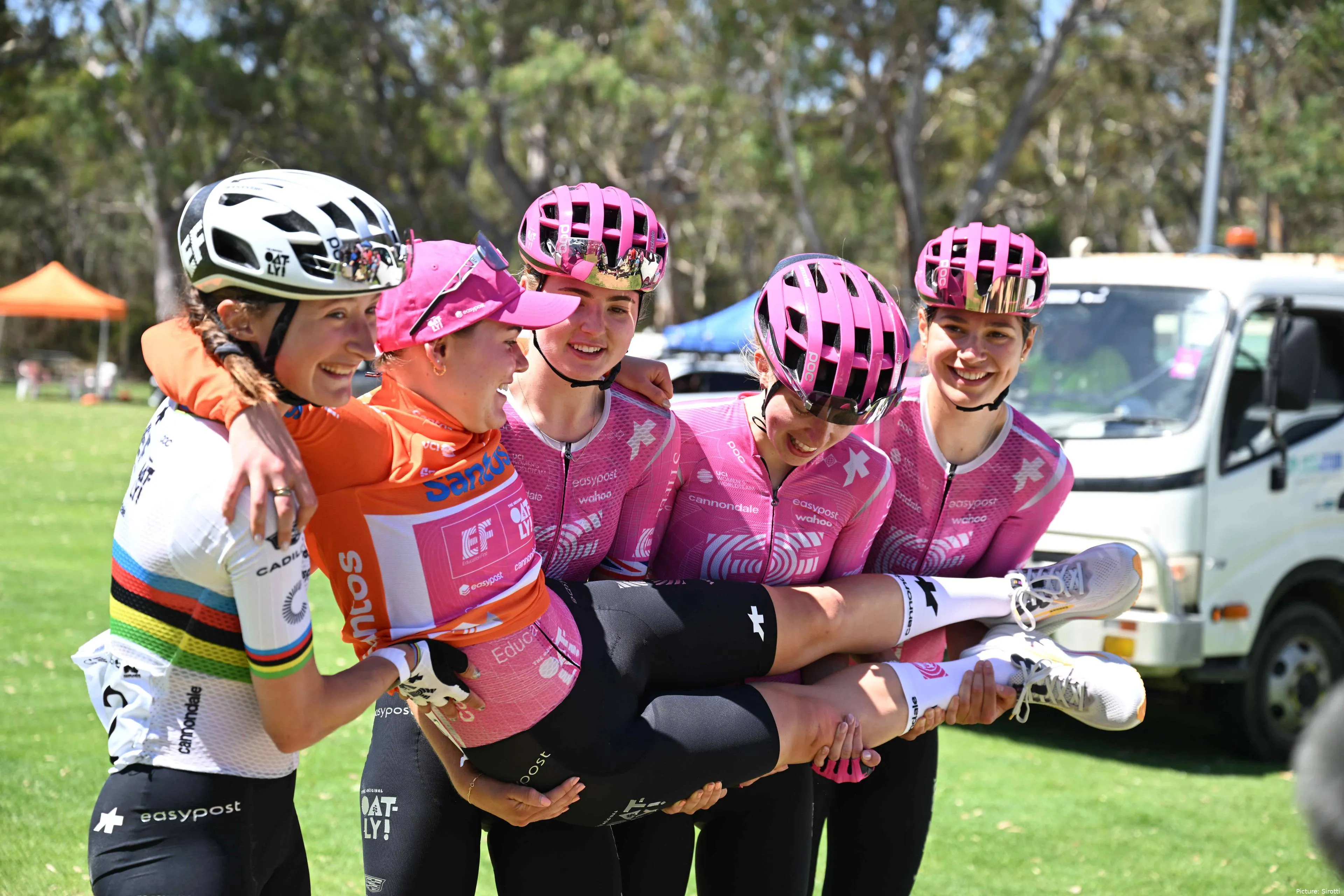 The EF team celebrate Noemi Ruegg's GC win at the 2026 Tour Down Under