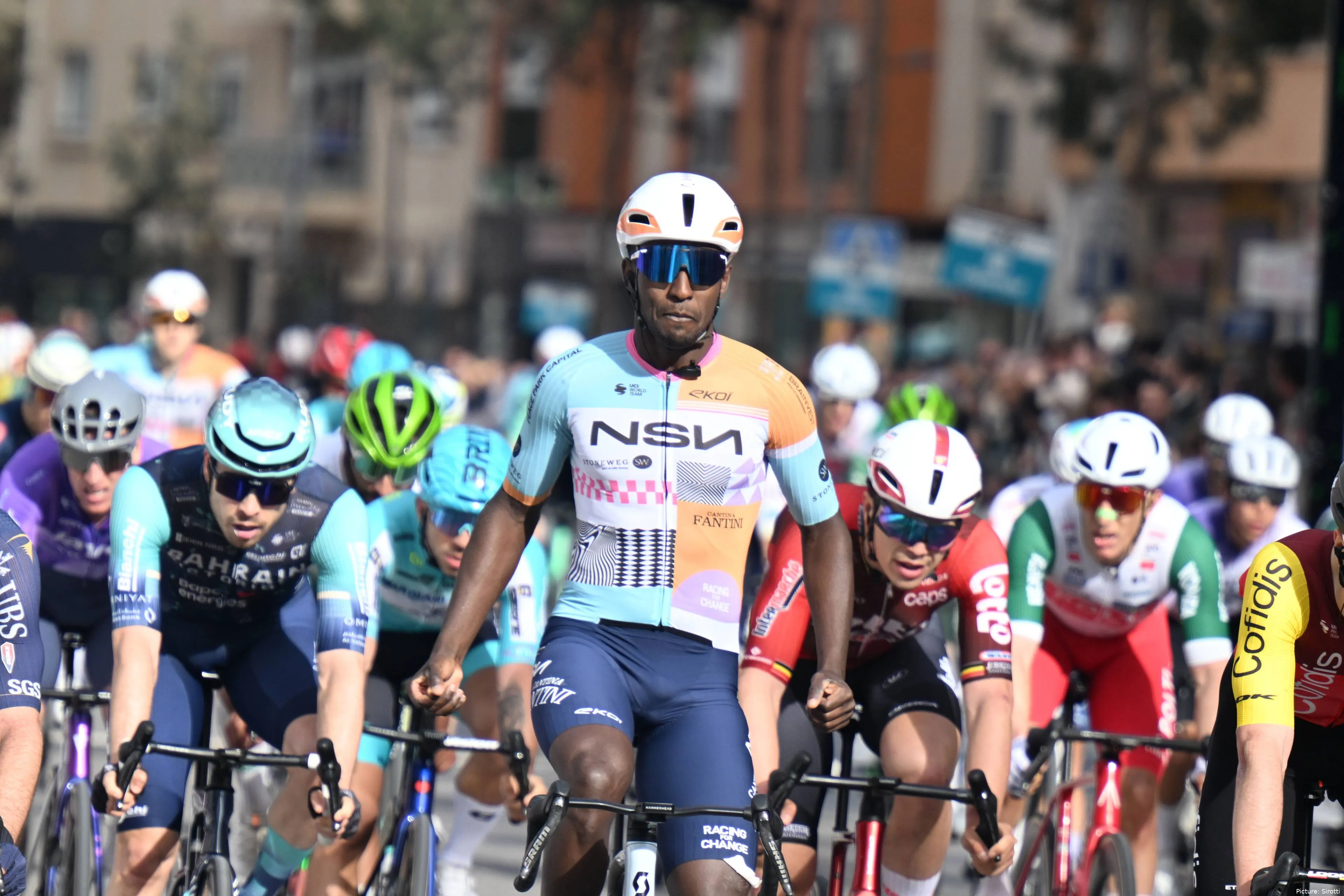 Biniam Girmay celebrates his win at the 2026 Clasica de Almeria