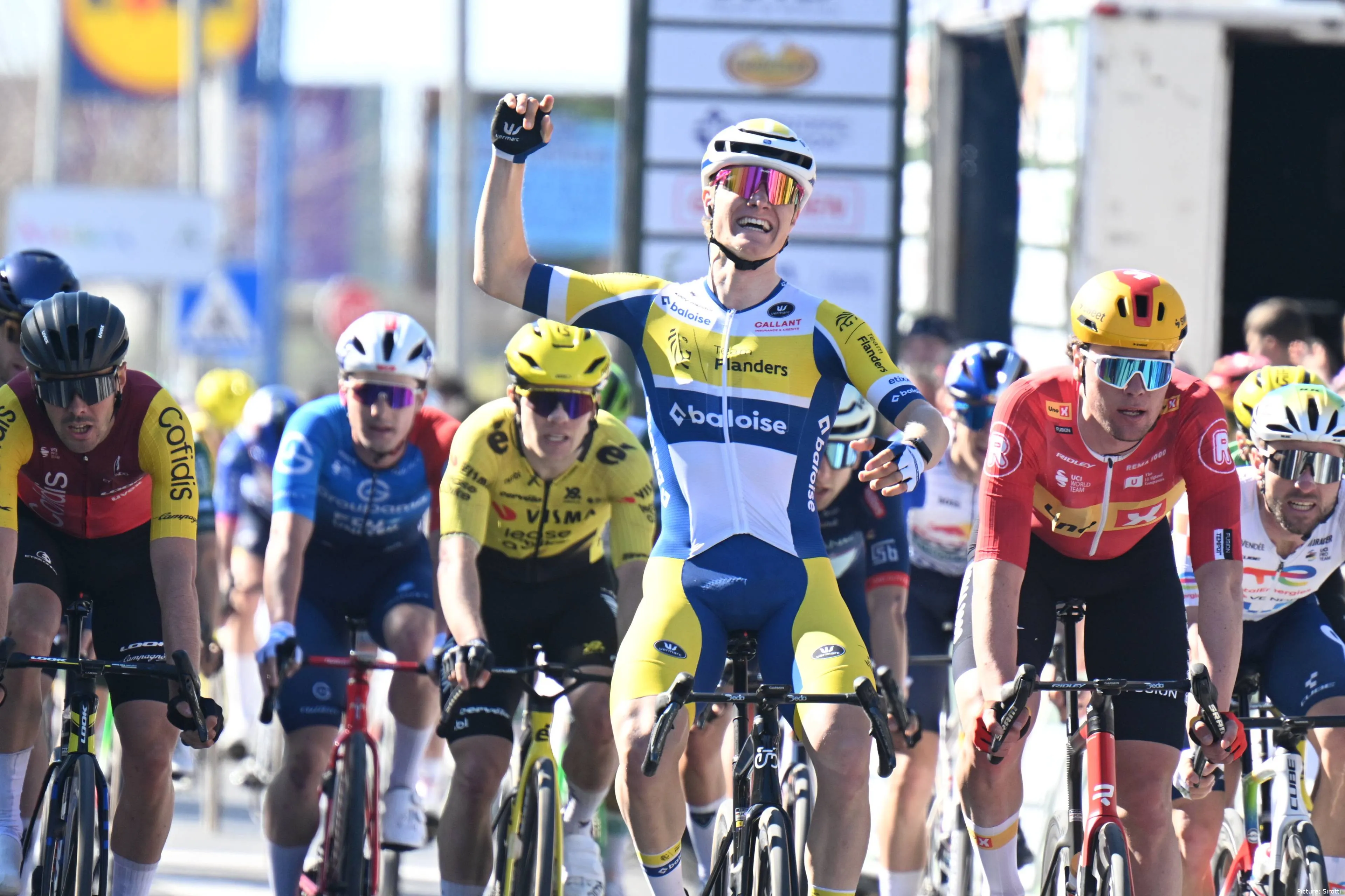 Tom Crabbe punches the air after winning stage 4 of the 2026 Vuelta a Andalucia