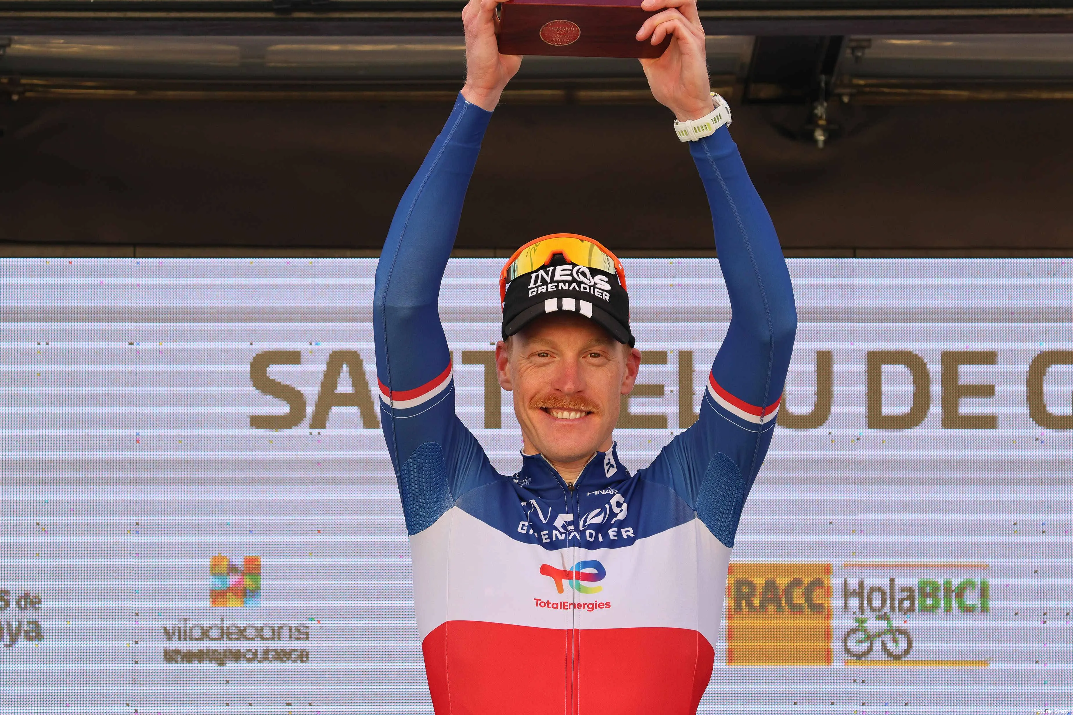 Dorian Godon on the podium after winning stage 1 at Volta a Catalunya 2026