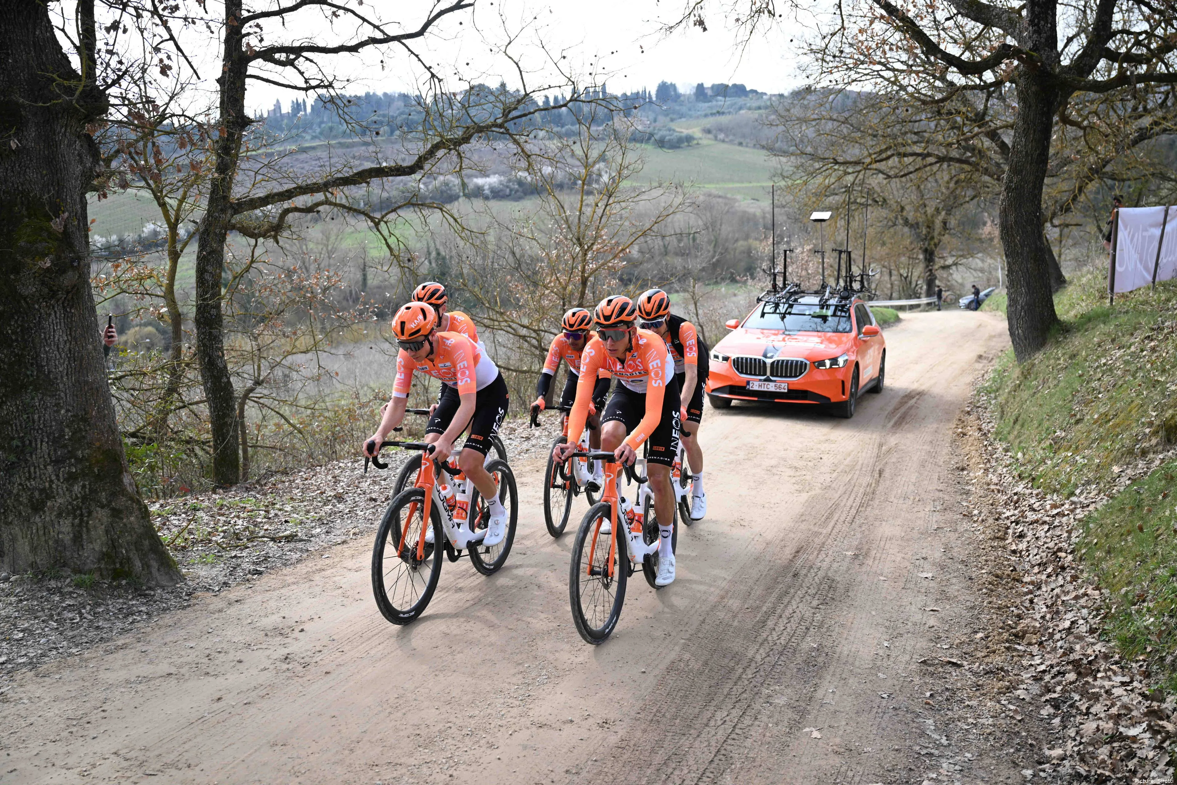 INEOS Grenadiers train on the gravel ahead of Strade Bianche 2026