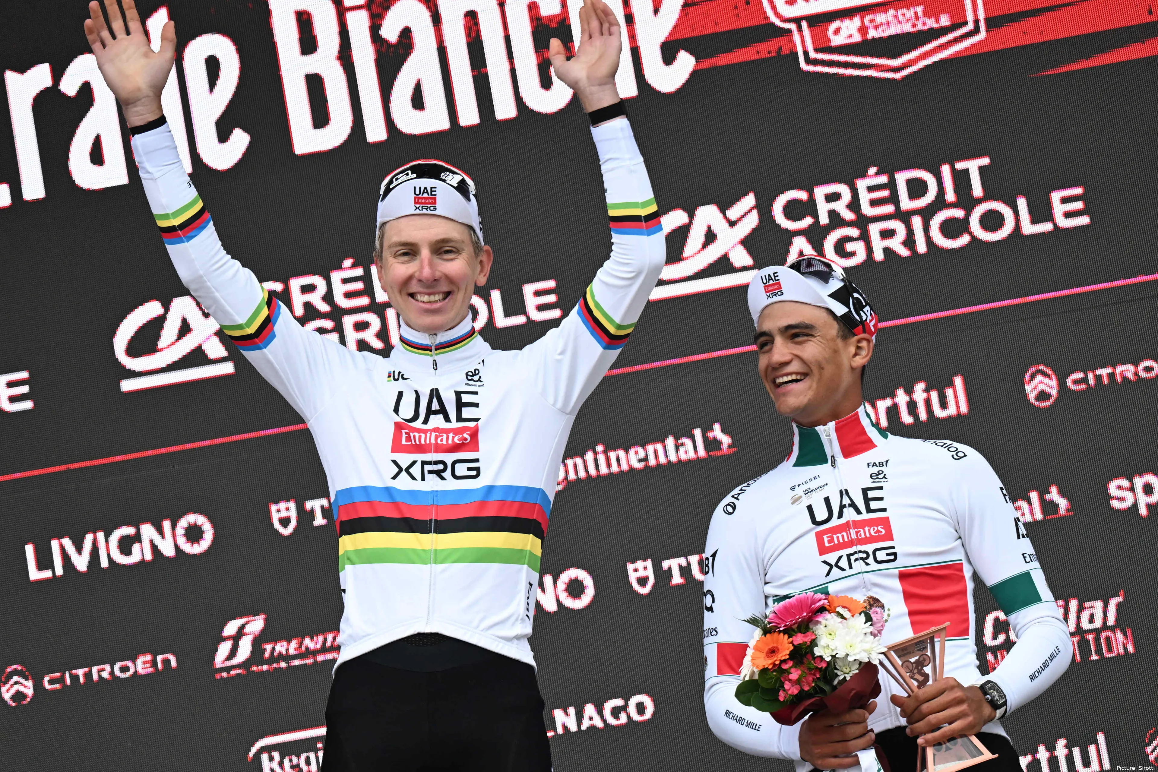 Tadej Pogacar and Isaac del Toro at the 2026 Strade Bianche