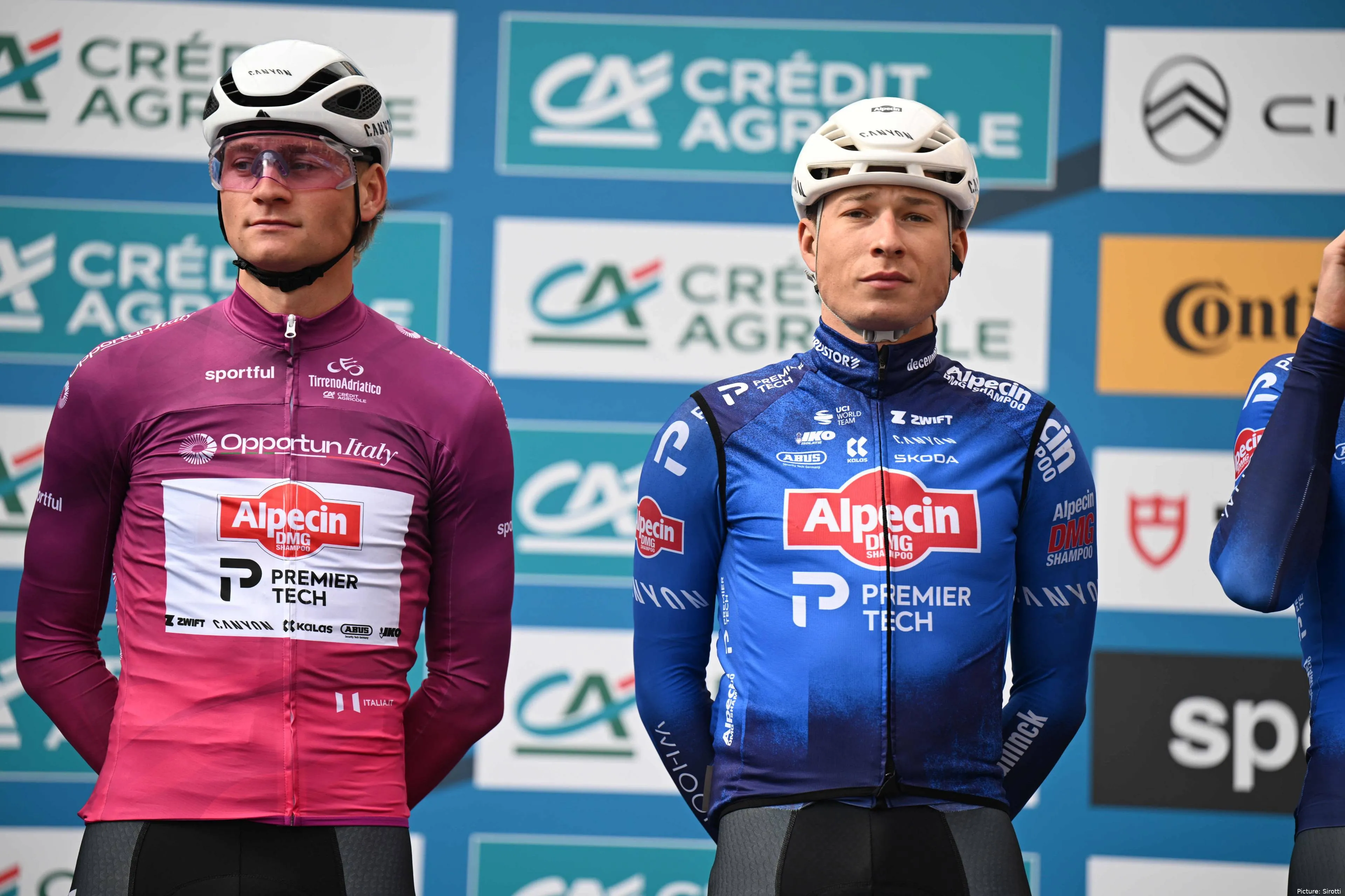 Mathieu van der Poel and Jasper Philipsen at the start of stage 5 of the 2026 Tirreno-Adriatico