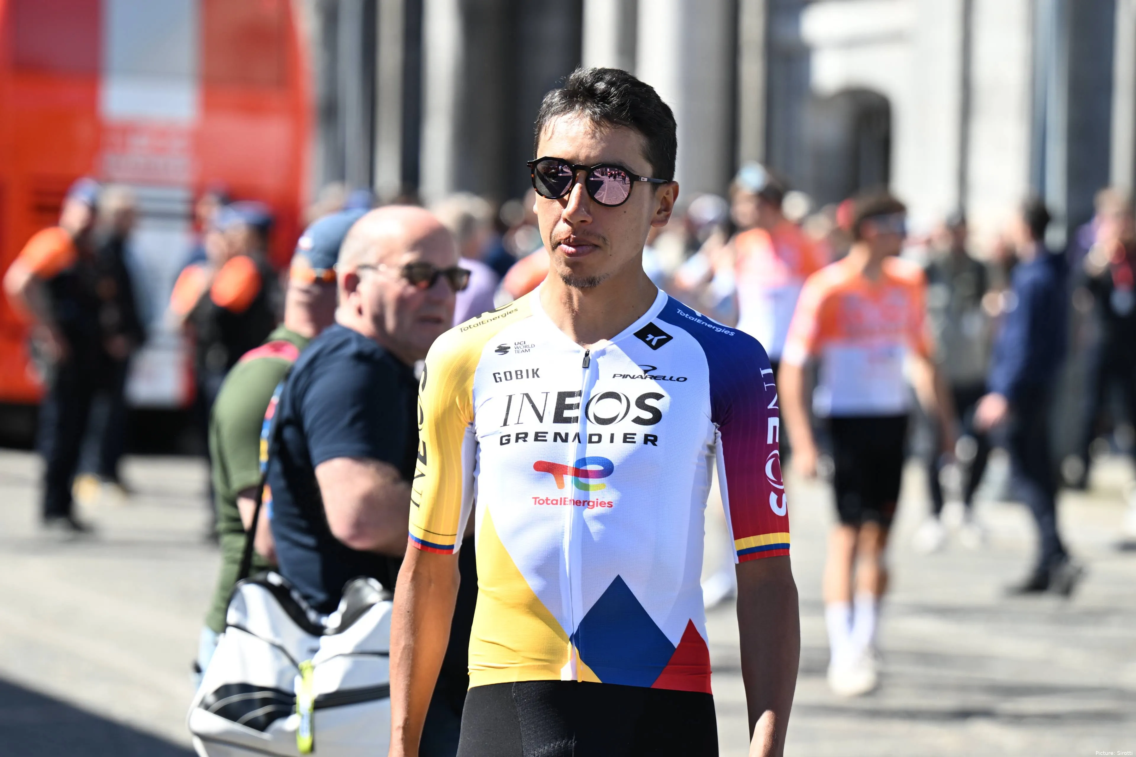 Egan Bernal at the pre-Liege-Bastogne-Liege 2026 team presentation