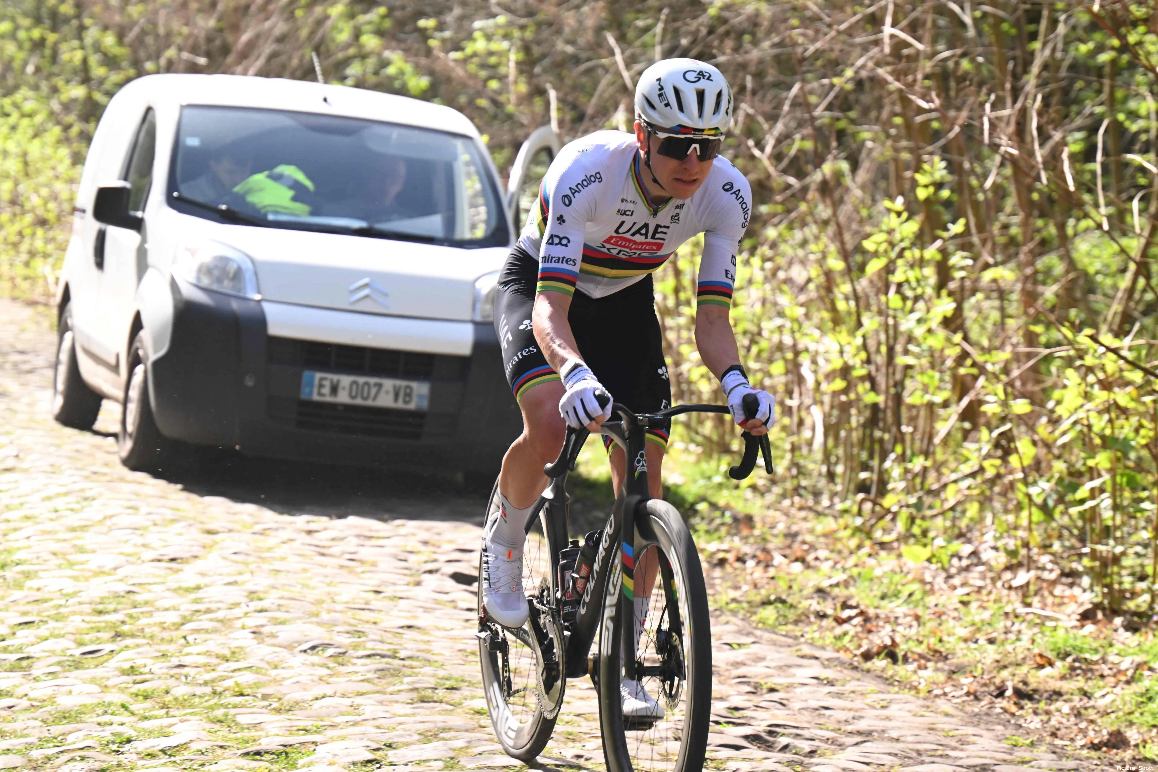 Tadej Pogacar during recon of the cobbles ahead of Paris-Roubaix 2026