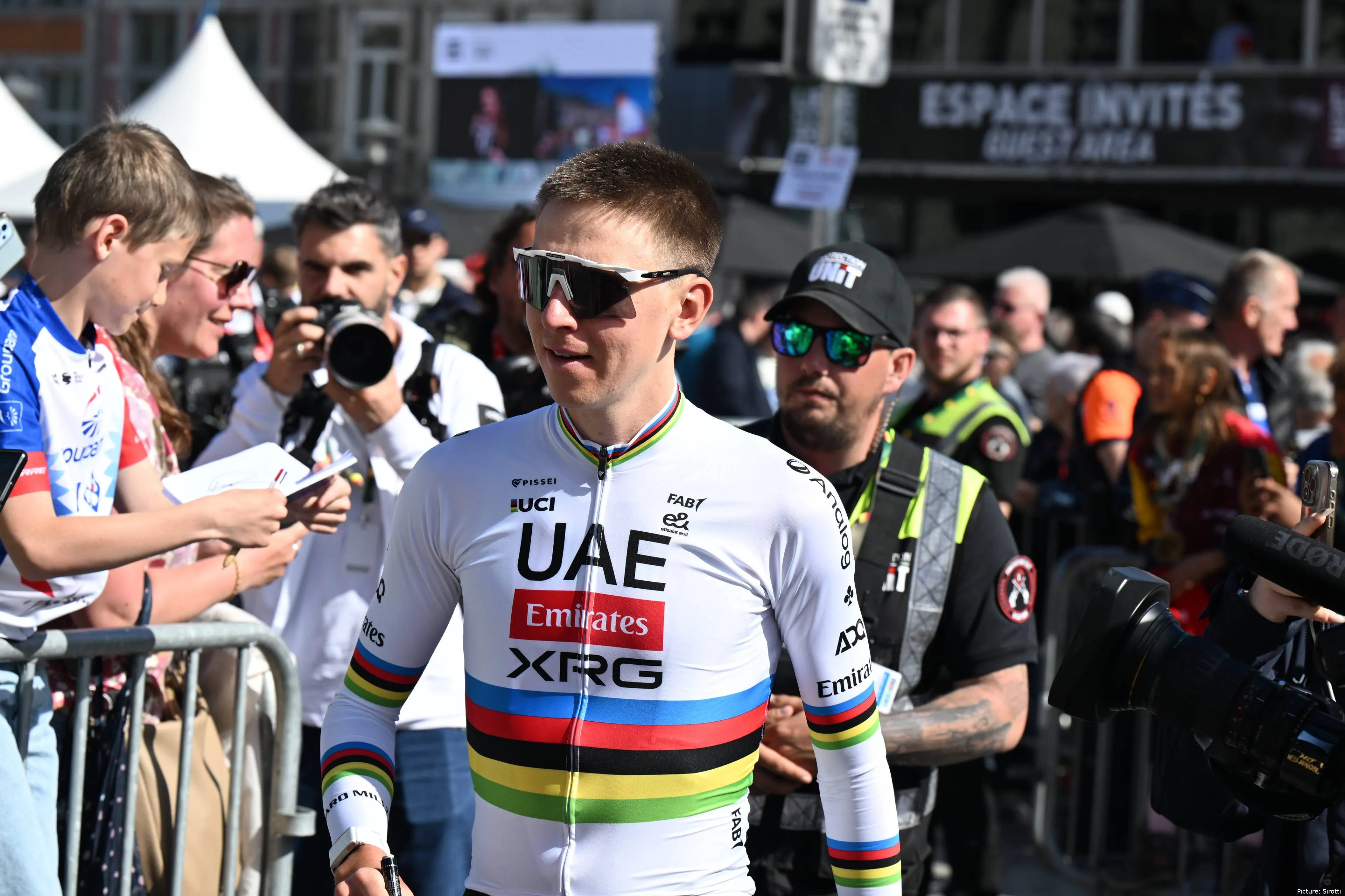 Tadej Pogacar at the pre-Liege-Bastogne-Liege 2026 team presentation