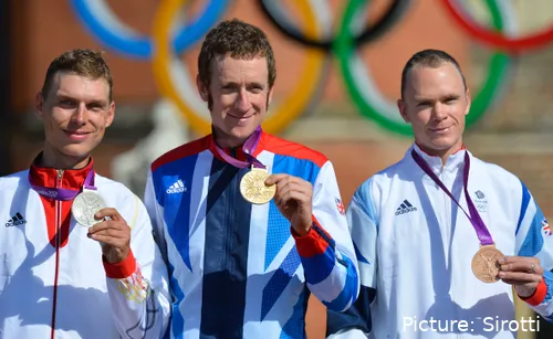 Tony Martin, Bradley Wiggins y Chris Froome en el podio de la contrarreloj de los Juegos Olímpicos de Londres 2012