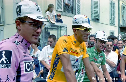 Miguel Indurain together with 90's legends Laurent Jalabert and Alex Zulle. @Sirotti