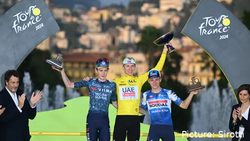 Tadej Pogacar, Jonas Vingegaard and Remco Evenepoel on the final podium of the Tour de France 2024. @Sirotti