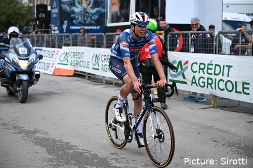 Magnier crossed the line looking slightly worse for wear after his Tirreno crash