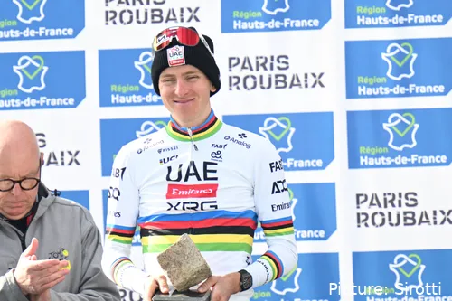 Tadej Pogacar on the Paris-Roubaix podium