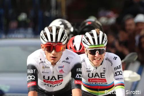 Tadej Pogacar alongside his UAE teammate Isaac del Toro