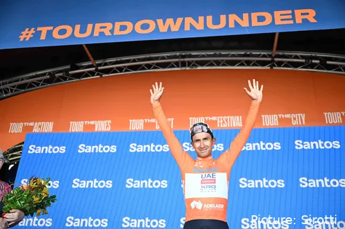 UAE Team Emirates - XRG's Jhonatan Narváez lifts his arms to celebrate his 2025 Tour Down Under victory