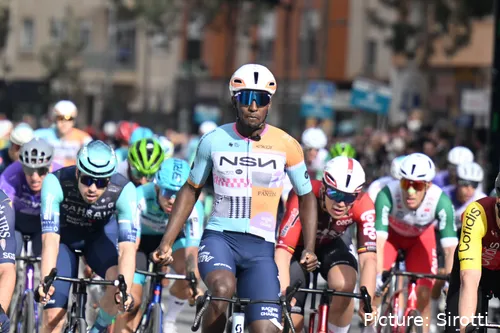 Biniam Girmay celebrates his win at the 2026 Clasica de Almeria