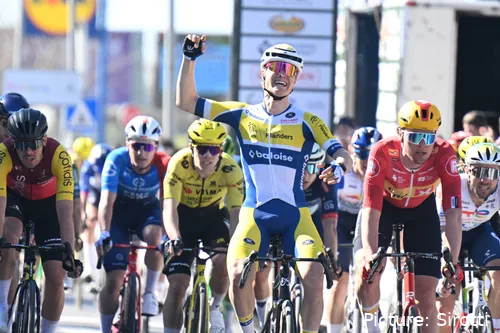 Tom Crabbe punches the air after winning stage 4 of the 2026 Vuelta a Andalucia