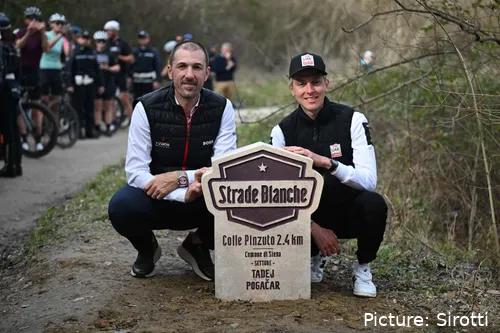 Fabian Cancellara presents Tadej Pogacar with a monument honour ahead of Strade Bianche 2026
