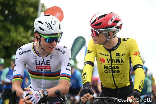 Pogacar and Vingegaard at the start of a Tour de France stage.