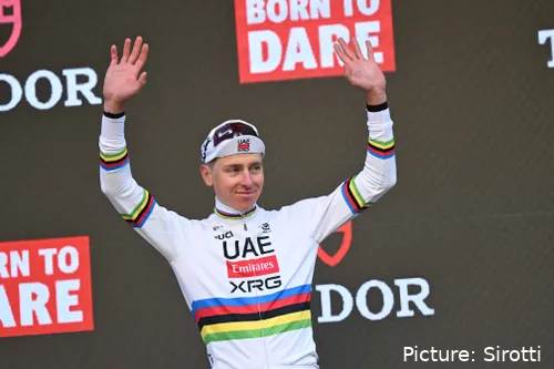 Tadej Pogacar receives the applause of the crowd after winning Milano-Sanremo 2026