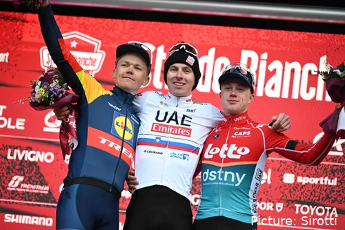 Van Gils eindigde naast Pogacar op het podium tijdens de Strade Bianche van vorig jaar