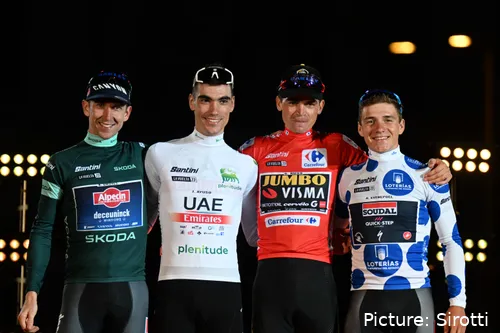 Klassementswinnaars van de Vuelta a España 2023. Van links naar rechts: Kaden Groves; Juan Ayuso; Sepp Kuss en Remco Evenepoel. @Sirotti