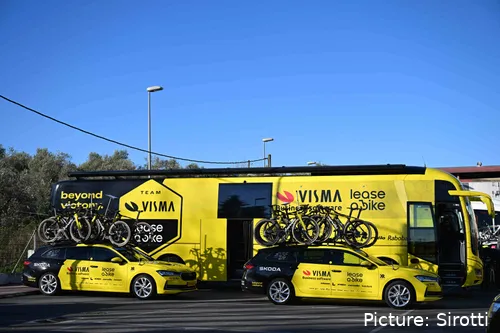 Team Visma | Lease a Bike teambus en ploegauto's op etappe 4 van de Vuelta a Andalucia 2026
