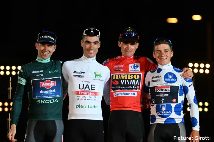 Ganadores de las clasificaciones de la Vuelta a España 2023. De izquierda a derecha: Kaden Groves; Juan Ayuso; Sepp Kuss y Remco Evenepoel. @Sirotti