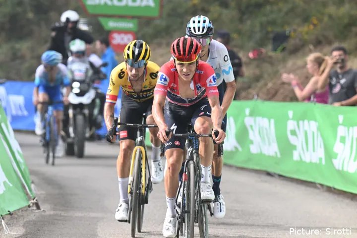 Remco Evenepoel leads Enric Mas and Primoz Roglic up Colláu Fancuaya - stage 8 - in his first test with the red jersey&nbsp;