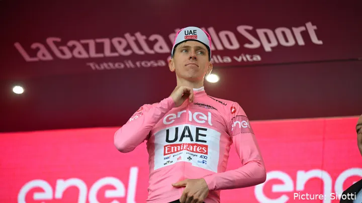 Tadej Pogacar in the Maglia Rosa at the Giro d'Italia