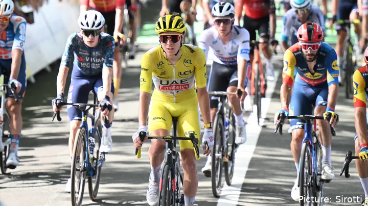 Tadej Pogacar e Jonas Vingegaard estão separados por 1:15, com Remco Evenepoel ainda no 2º lugar