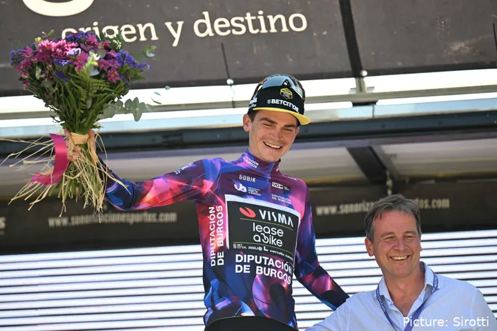 Sepp Kuss on the podium at the Vuelta Burgos